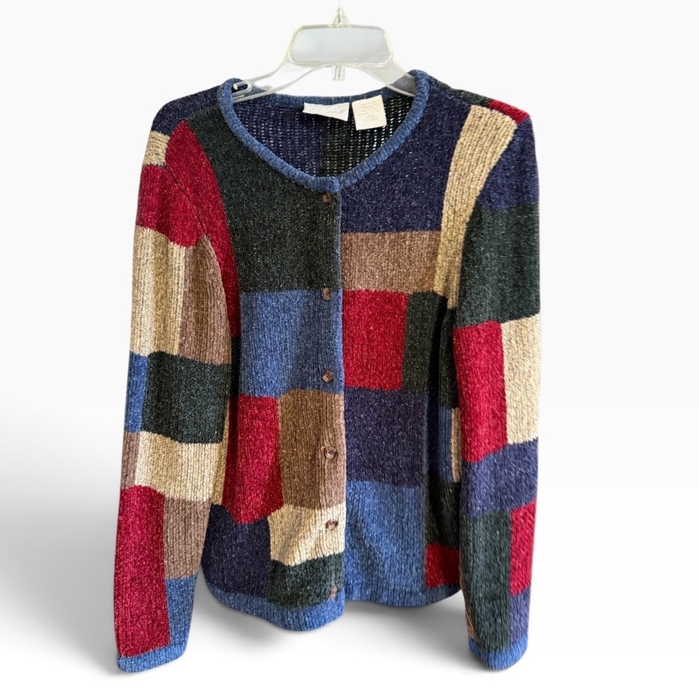 Vintage Blair Cardigan M Multicolor Patchwork Chenille Button Front Retro Cozy